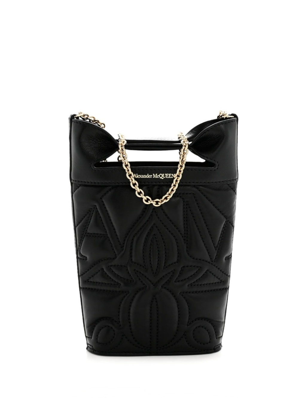 ALEXANDER MCQUEEN ‘The Bow Mini' Embroidered Bucket Bag’ in Black/Gold